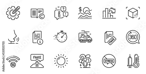 Outline set of Check investment, Fake news and Sunny weather line icons for web application. Talk, information, delivery truck outline icon. Include Timer, Thermometer, Manual icons. Vector