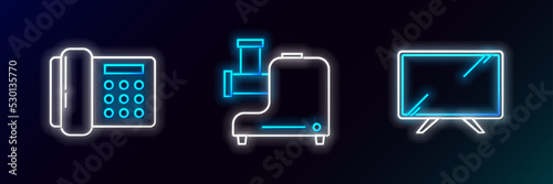 Set line Smart Tv, Telephone and Kitchen meat grinder icon. Glowing neon. Vector