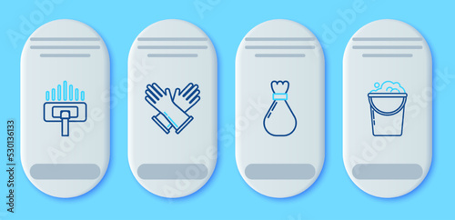 Set line Rubber gloves, Garbage bag, Vacuum cleaner and Bucket with foam and bubbles icon. Vector