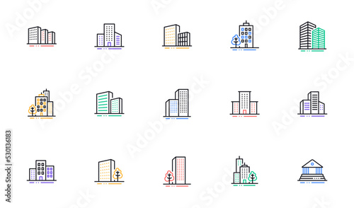 Buildings line icons. Bank, Hotel, Courthouse. City, Real estate, Architecture buildings icons. Hospital, town house, museum. Urban architecture, city skyscraper. Linear set. Vector