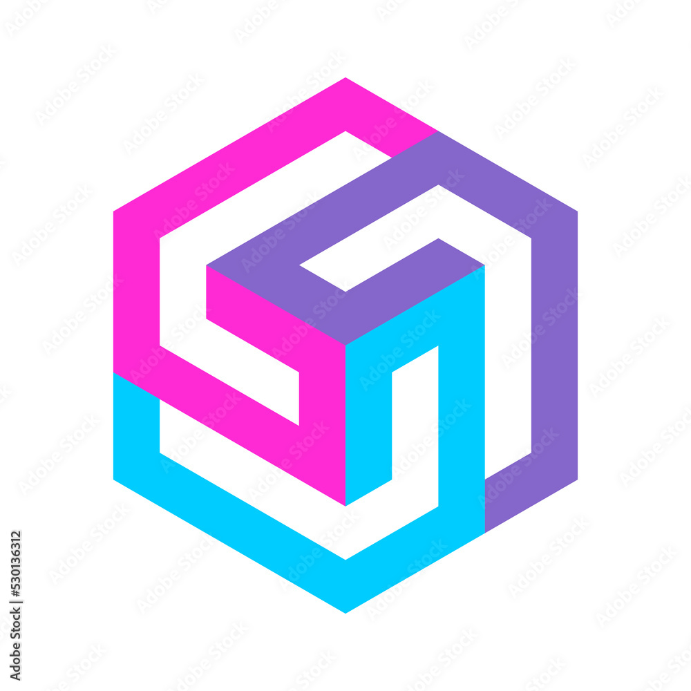 Colorful cube logo made of three elements. Triple L logo template. Geometric hexagon isometric shape. 3D puzzle game pieces. Building, architecture, construction concept. Vector illustration, clip art Colorful cube logo made of three elements. Triple L logo template. Geometric hexagon isometric shape. 3D puzzle game pieces. Building, architecture, construction concept. Vector illustration, clip art