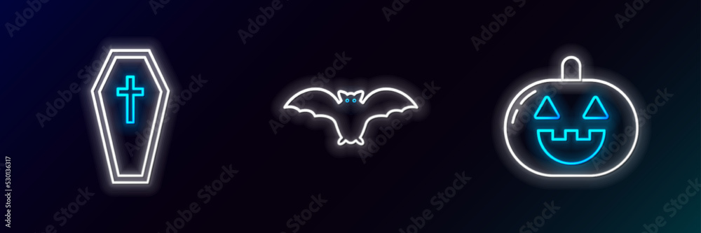 Obraz premium Set line Pumpkin, Coffin with christian cross and Flying bat icon. Glowing neon. Vector