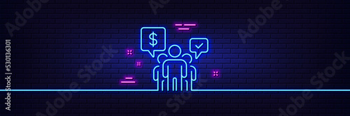 Neon light glow effect. Teamwork line icon. Employees chat sign. Core value symbol. 3d line neon glow icon. Brick wall banner. Teamwork outline. Vector