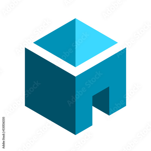 Blue geometric cube house with a roof. 3D box shape with an open door. Construction, building, architecture logo template. Room interior design concept. Real estate. Vector illustration, clip art. 