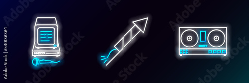 Set line DJ remote for playing and mixing music, Karaoke and Firework rocket icon. Glowing neon. Vector
