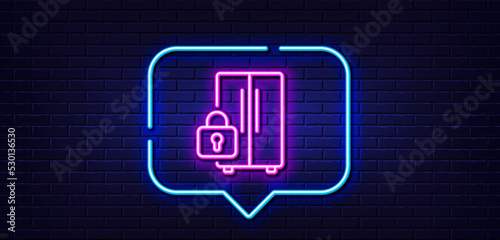 Neon light speech bubble. Refrigerator locked line icon. Fridge child lock sign. Freezer storage symbol. Neon light background. Refrigerator glow line. Brick wall banner. Vector