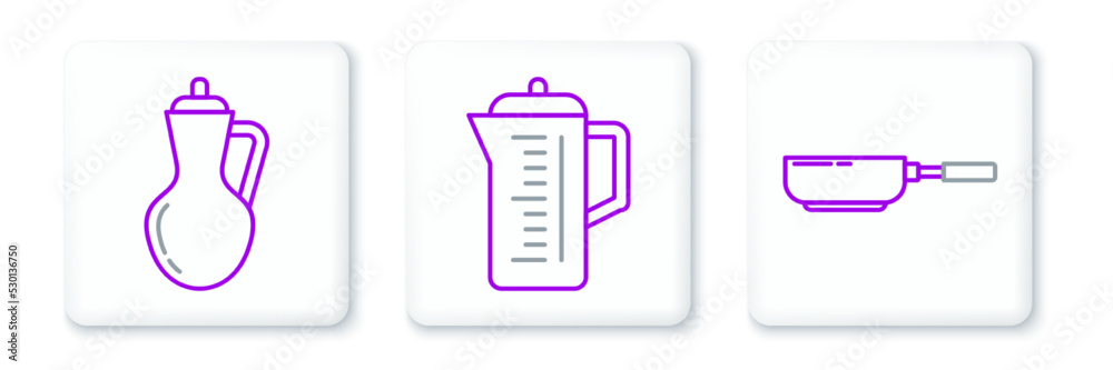 Set line Frying pan, Bottle of olive oil and Teapot icon. Vector Set line Frying pan, Bottle of olive oil and Teapot icon. Vector
