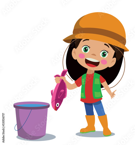 cute fisherman girl is fishing with a hook