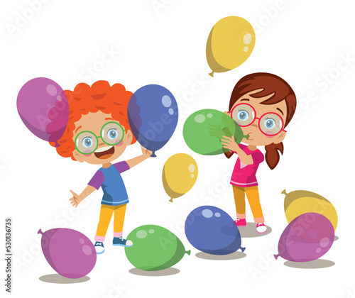 Cute Kids Blowing Balloons And Playing With Balloons