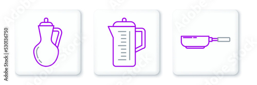 Set line Frying pan, Bottle of olive oil and Teapot icon. Vector