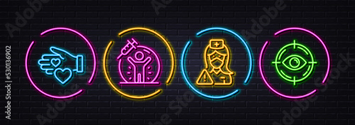 Nurse, Volunteer and Vaccine protection minimal line icons. Neon laser 3d lights. Eye target icons. For web, application, printing. Medical mask, Social care, Vaccination. Optometry. Vector