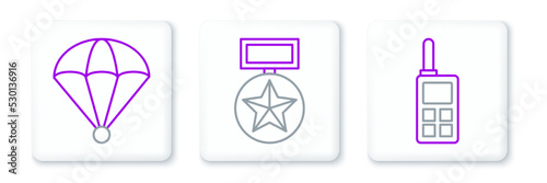Set line Walkie talkie, Parachute and Military reward medal icon. Vector