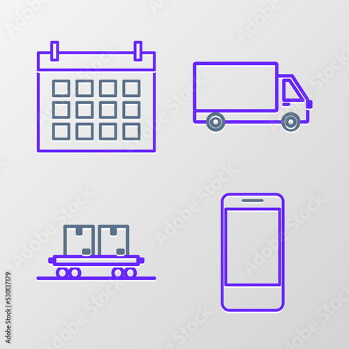 Set line Mobile phone with app delivery tracking, Railway carriage, Delivery cargo truck vehicle and Calendar icon. Vector