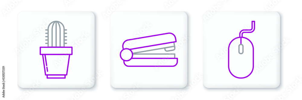 Set line Computer mouse, Cactus and succulent in pot and Office stapler icon. Vector Set line Computer mouse, Cactus and succulent in pot and Office stapler icon. Vector