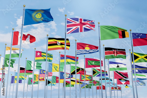 The flag of the Commonwealth of Nations with the flags of the organization's countries along with the flag of Britain