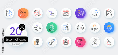 Simple set of Dont handshake, Group and Teamwork business line icons. Include Agent, Businesswoman person, Fever icons. Teamwork chart, Disability, Restroom web elements. Search employee. Vector