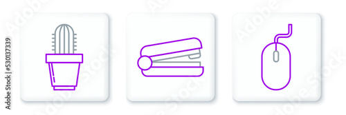 Set line Computer mouse, Cactus and succulent in pot and Office stapler icon. Vector