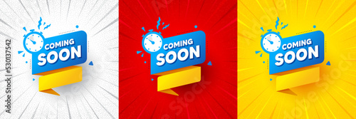 Coming soon paper banner. Flash offer banner, coupon or poster. Timer announcement tag. New open time icon. Coming soon promo banner. Retail marketing flyer. Starburst pop art. Vector