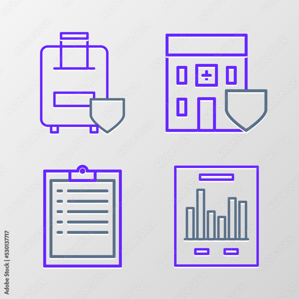 Set line Document with graph chart, Clipboard checklist, Medical hospital building shield and Traveling baggage insurance icon. Vector Set line Document with graph chart, Clipboard checklist, Medical hospital building shield and Traveling baggage insurance icon. Vector