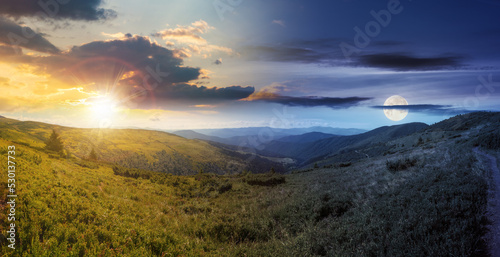 panoramic view in to the chornohora ridge valley at twilight. day and night time change concept. stunning landscape of carpathian mountains with sun and moon in summer. travel ukraine © Pellinni