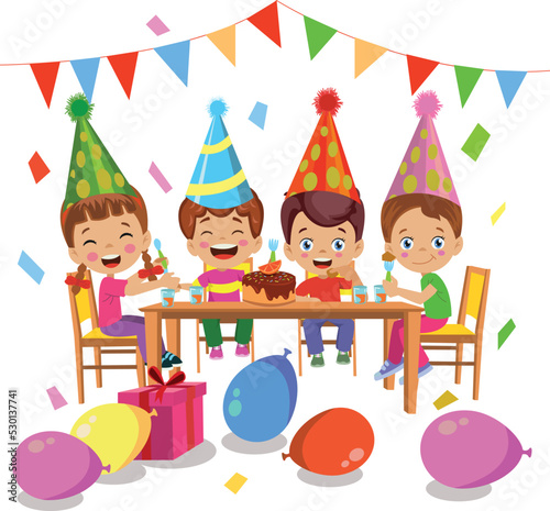 kids eating cake having birthday party
