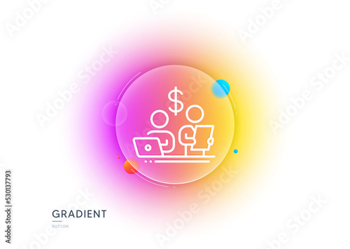 Budget accounting line icon. Gradient blur button with glassmorphism. Money investment sign. Stock shares traders symbol. Transparent glass design. Budget accounting line icon. Vector