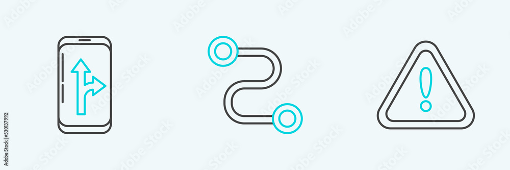Set line Exclamation mark in triangle, Infographic of city map navigation and Route location icon. Vector Set line Exclamation mark in triangle, Infographic of city map navigation and Route location icon. Vector