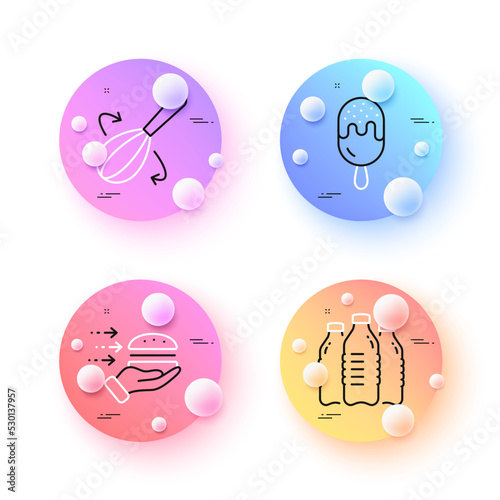 Cooking whisk, Water bottles and Ice cream minimal line icons. 3d spheres or balls buttons. Food delivery icons. For web, application, printing. Cutlery, Aqua drinks, Sundae stick. Vector