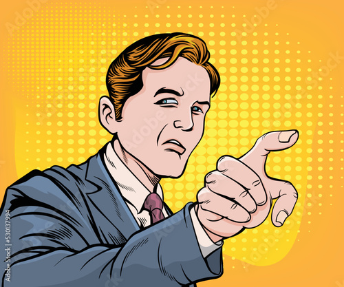 An angry, upset man, he points his hand. hand drawn style vector design illustration.