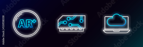 Set line Cloud technology data transfer and storage, Ar, augmented reality and RAM, random access memory icon. Glowing neon. Vector