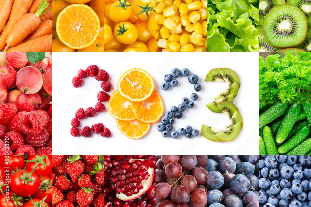 Fruits and vegetables. New year 2023 made of fruits and vegetables. Healthy food. Texture Stock