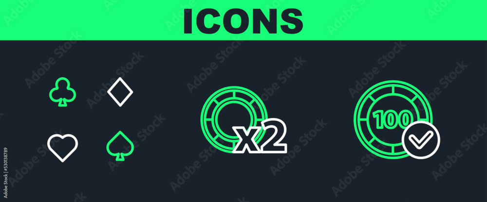 Set line Casino chips, Playing cards and icon. Vector Set line Casino chips, Playing cards and icon. Vector