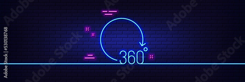 Neon light glow effect. 360 degrees line icon. VR simulation sign. Panoramic view symbol. 3d line neon glow icon. Brick wall banner. 360 degrees outline. Vector