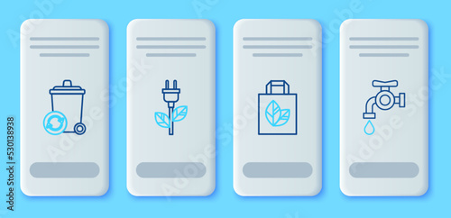 Set line Electric saving plug in leaf, Paper shopping bag with recycle, Recycle bin symbol and Water tap icon. Vector