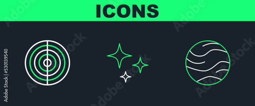 Set line Planet, Earth structure and Falling star icon. Vector