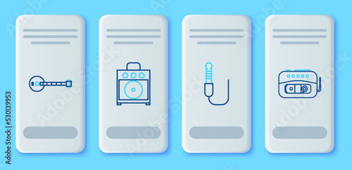 Set line Guitar amplifier, Audio jack, Banjo and Music tape player icon. Vector