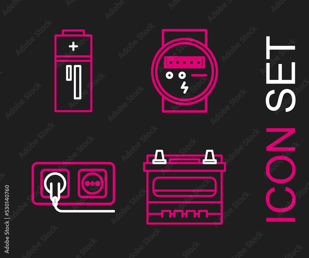 Set line Car battery, Electrical outlet, meter and Battery icon. Vector