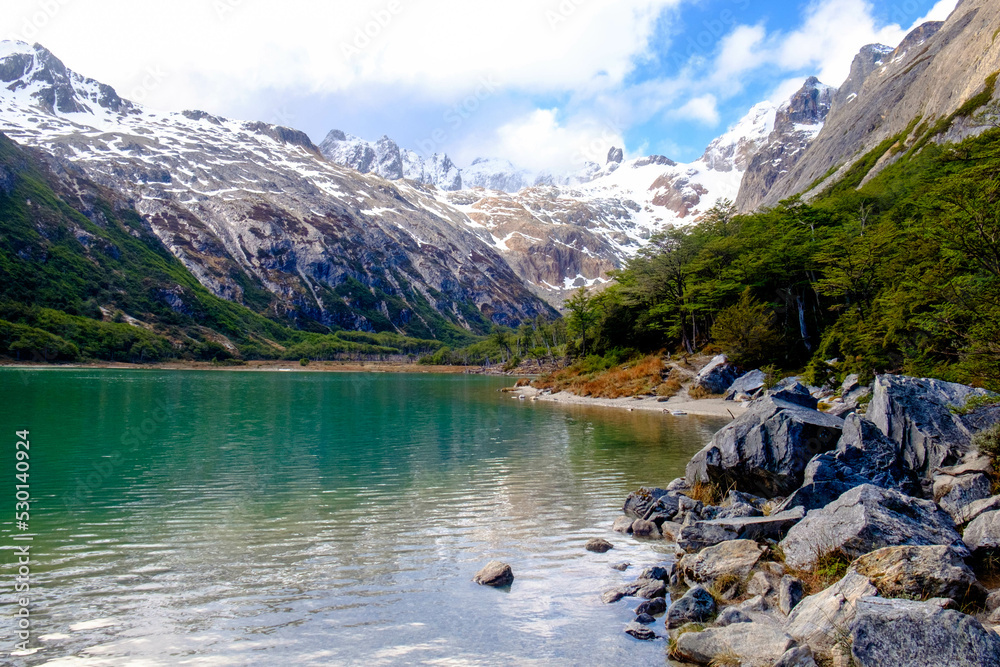Laguna Esmeralda or the 'emerald lagoon' near Ushuaia with meltwater of a pure, emerald colour. Laguna Esmeralda or the 'emerald lagoon' near Ushuaia with meltwater of a pure, emerald colour.