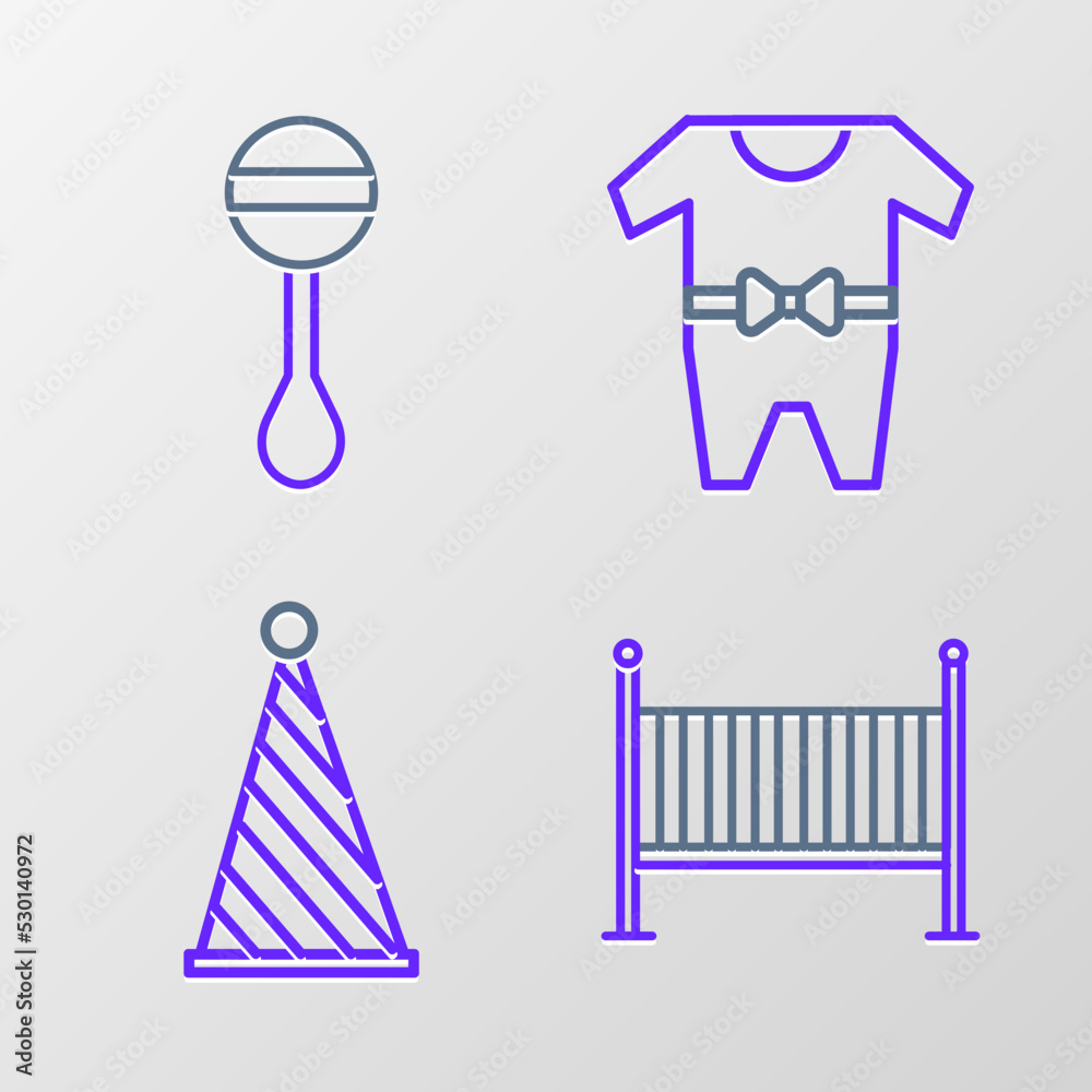 Set line Baby crib cradle bed, Party hat, clothes and Rattle baby toy icon. Vector Set line Baby crib cradle bed, Party hat, clothes and Rattle baby toy icon. Vector