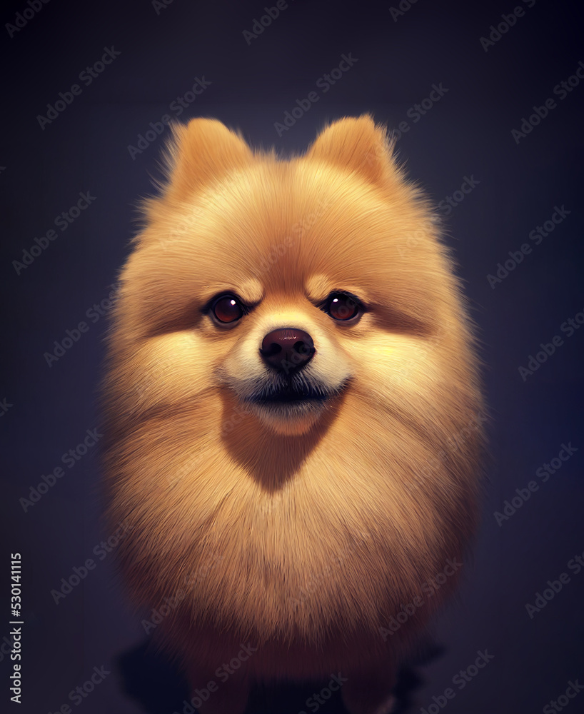A digital painting portrait of a cute Pomeranian dog with studio lighting
