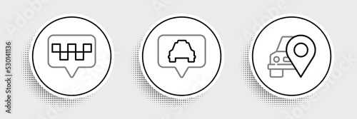 Set line Map pointer with taxi, and icon. Vector