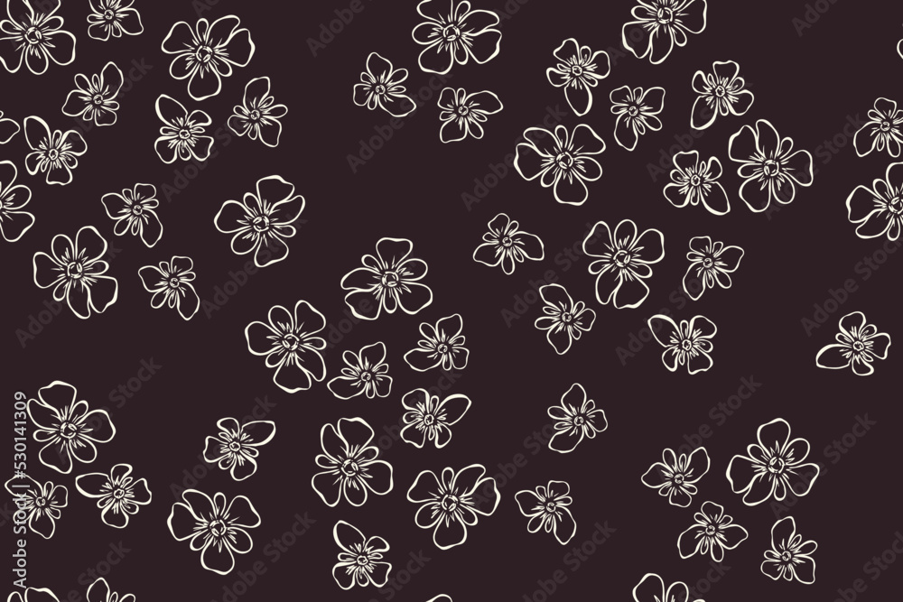 seamless pattern of white outline doodle drawing flowers. white flowers on a black background. Vector modern art illustration for printing on wallpaper, fabric, cover, template.