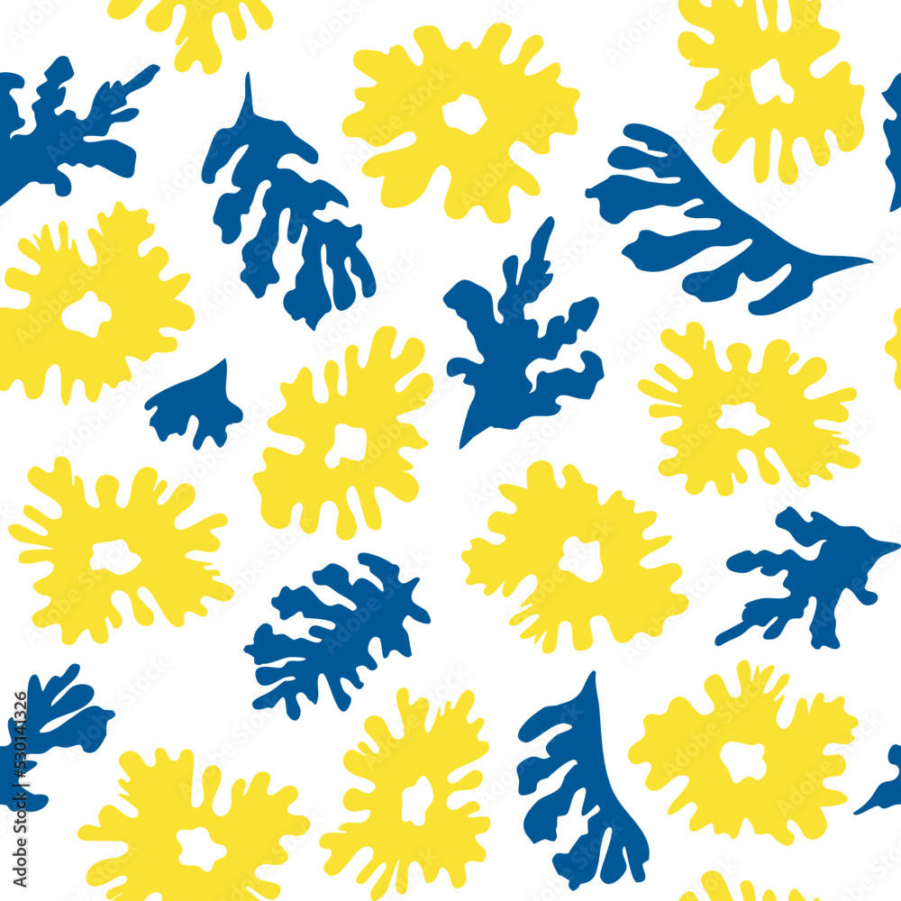 Seamless pattern from plants, yellow flowers and blue leaves inspired by Matisse. Cut out different shapes from paper for posters, logos, templates, covers. Trendy abstract minimal creative style