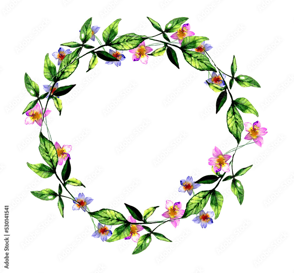Cornice circolare con foglie  e fiorellini , illustrazione isolata su sfondo bianco