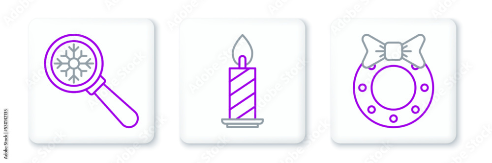 Set line Christmas wreath, Magnifying glass with snowflake and Burning candle candlestick icon. Vector Set line Christmas wreath, Magnifying glass with snowflake and Burning candle candlestick icon. Vector