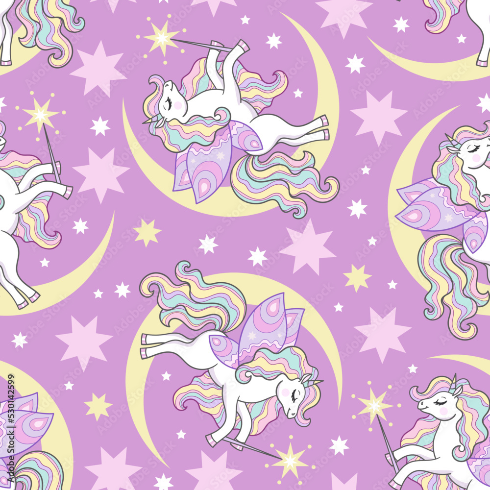 Seamless pattern with unicorns and crescent moon on a lilac background. For kids design wallpaper, fabric, backgrounds, wrapping paper and so on. Vector