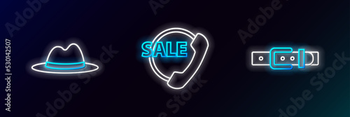 Set line Leather belt, Man hat with ribbon and Telephone 24 hours support icon. Glowing neon. Vector