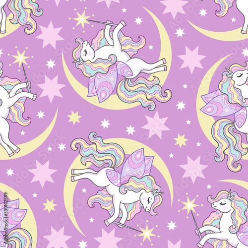 Seamless pattern with unicorns and crescent moon on a lilac background. For kids design wallpaper, fabric, backgrounds, wrapping paper and so on. Vector