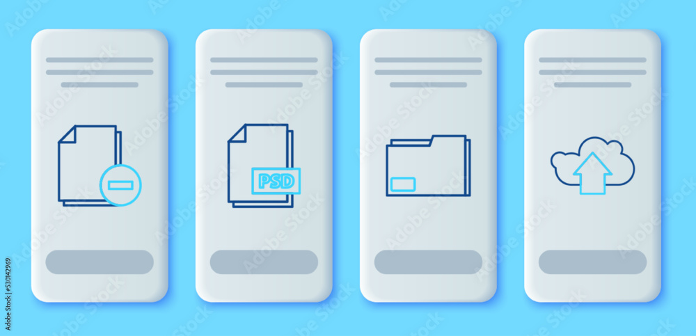 Set line PSD file document, Document folder, with minus and Cloud upload icon. Vector Set line PSD file document, Document folder, with minus and Cloud upload icon. Vector