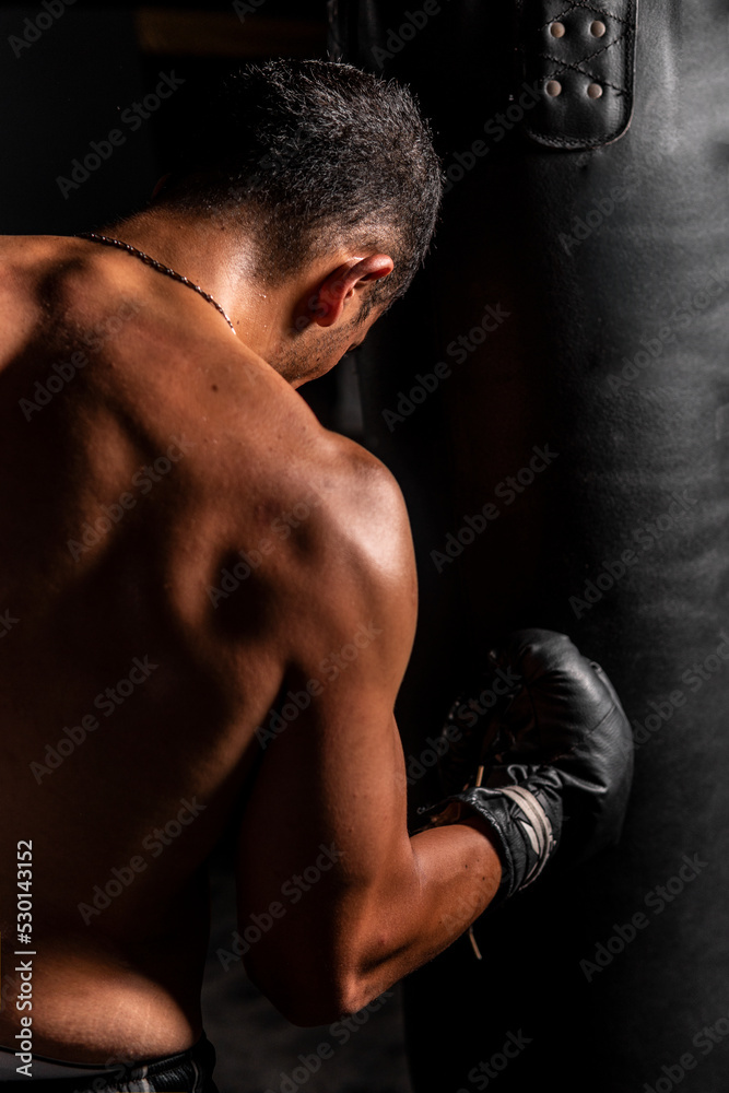 High quality photography. Back of a muscular Hispanic man hitting a heavy bag. Back of a man boxing with great force. High quality photography. Back of a muscular Hispanic man hitting a heavy bag. Back of a man boxing with great force.
